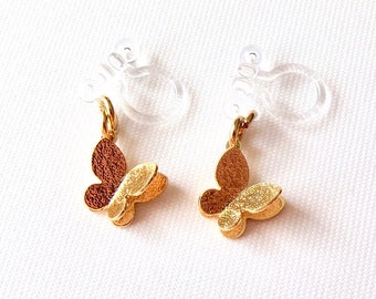 Pain-free invisible plastic ear clips with 18K gold-plated small butterfly earrings