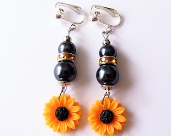 Ear clips with resin sunflowers and black hematite beads earrings women's clips girls' clips girls' jewelry gift idea