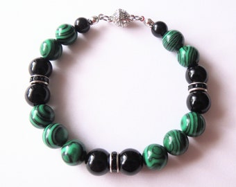 Malachite-Onyx bracelet with magnetic closure pearl bracelet unisex