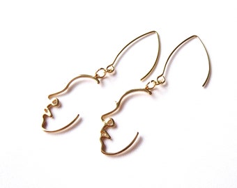 Long stainless steel earrings "face" earrings 18K gold plated unisex
