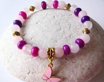 Rosenquarz-Sugilith Armband mit Schmetterling-Anhänger elastisch natürliche Perlen Geschenkidee