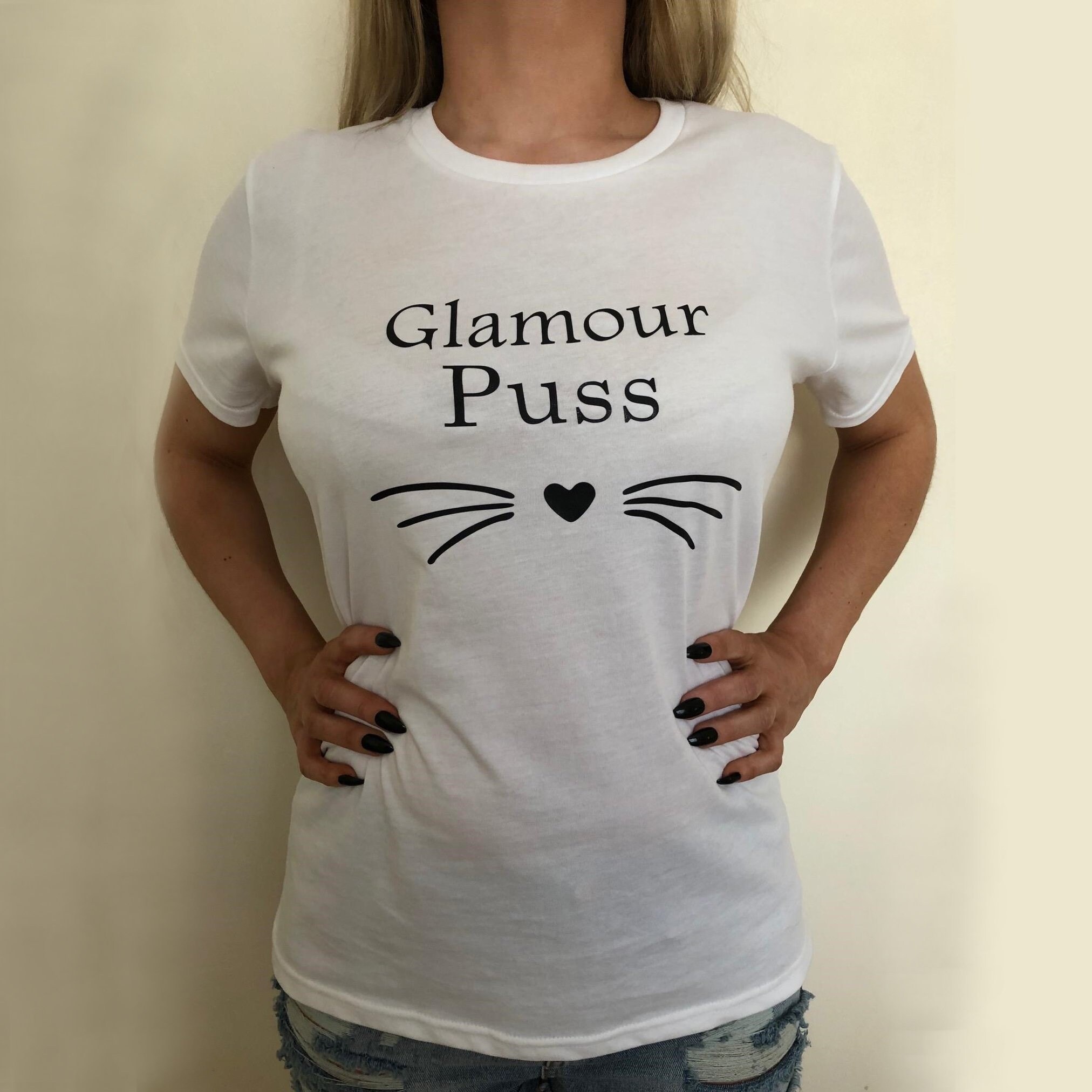 Image of Ladies Slogan Top Glamour Puss Cute Casual Womens Clothing Apparel Tee
