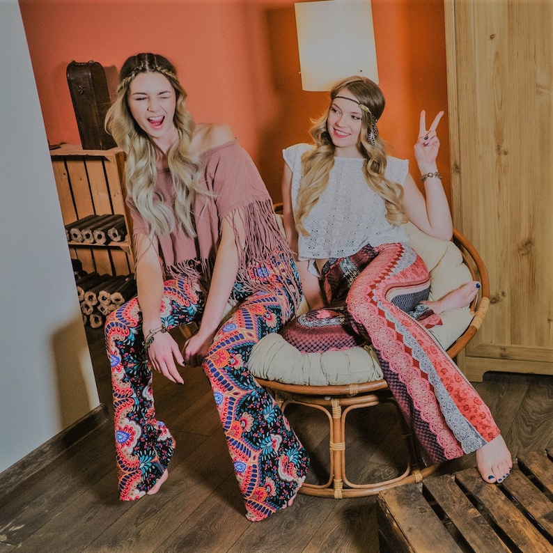 70s High Waist Pattern Flared Pants Colorful Bell Bottoms Hippie Style Boho Pants