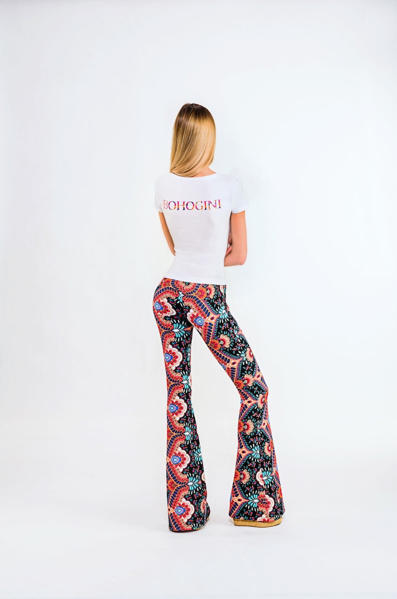 70s High Waist Pattern Flared Pants Colorful Bell Bottoms Hippie Style Boho Pants