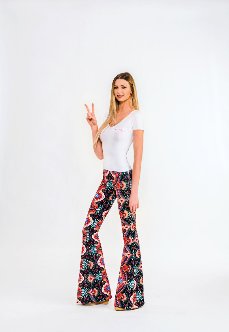 70s High Waist Pattern Flared Pants Colorful Bell Bottoms Hippie Style Boho Pants