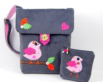 A gift for a girl: a handbag - messenger bag with a wallet and a bird's application, a small cross body bag for a girl, a purse for girls