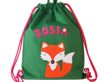 Groene persoonlijke tas rugzak voor een kind met Fox, een gepersonaliseerde rugzak voor peuter, kleuter Gymnastic of tas voor een kind