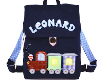 Personalised backpack with a train for a toddler, a bag with a train for a preschooler, a backpack with a train and with the name of a child