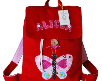 Red, personalized backpack for a child with a butterfly, a backpack for a toddler, a gift for a girl, a bag with a butterfly for a child