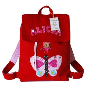 Sac à dos personnalisé rouge pour enfant avec un papillon, sac à dos pour fille, cadeau pour fille, sac avec un papillon pour fille