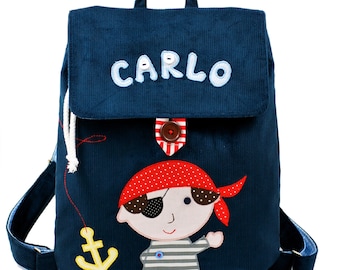 Uno zaino per bambino con nome e applicazione Pirata, uno zaino per bambino in età prescolare, uno zaino per bambino con un Pirata, un regalo personalizzato per bambino