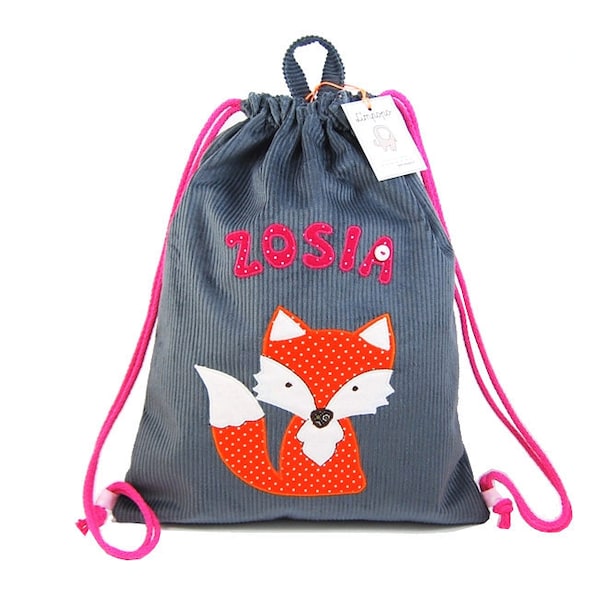 Worek - plecak dla dziecka, personalizowany plecak dla małej dziewczynki,  plecak do przedszkola, szary worek gimnastyczny z lisem,