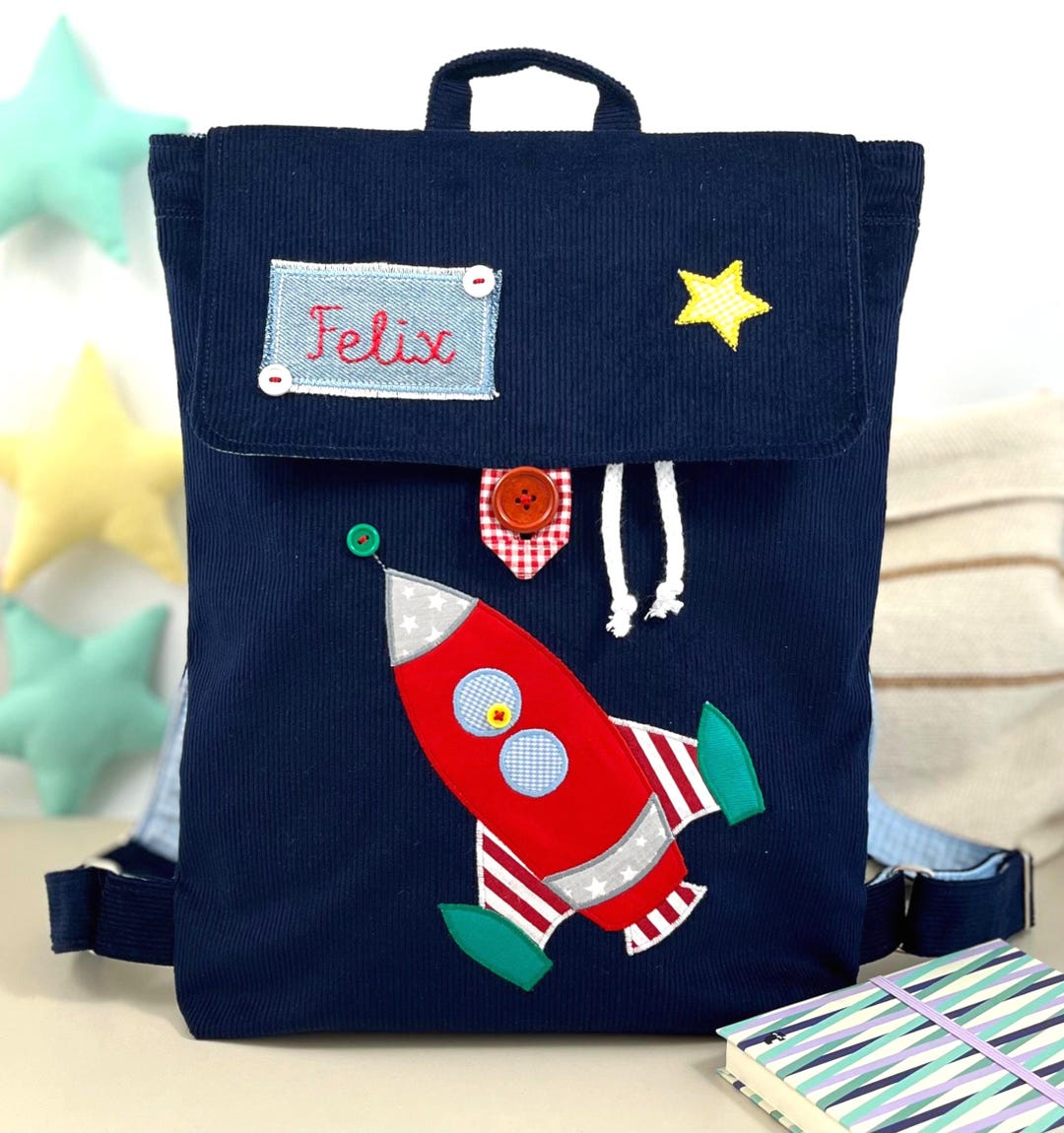 Sac à dos pour garçon avec une fusée et le nom de l'enfant, sac à
