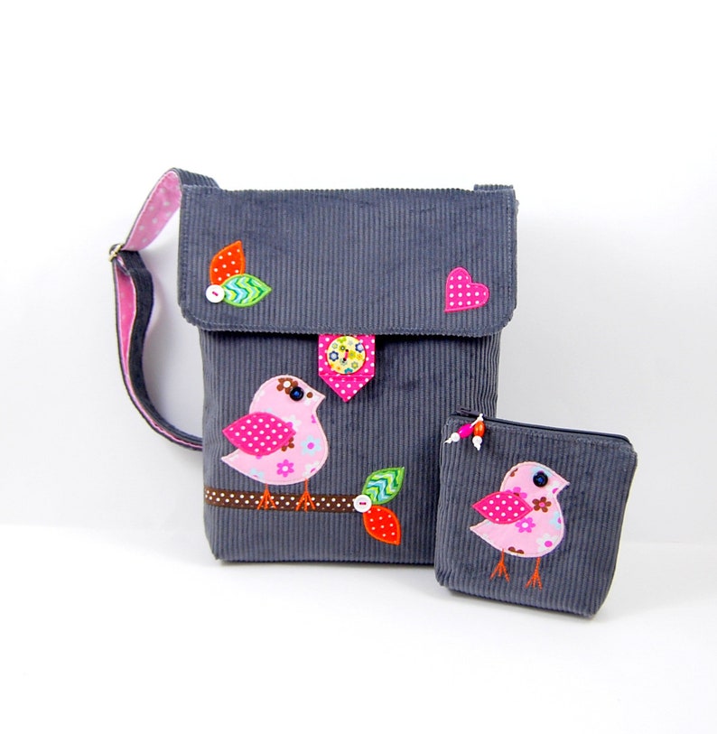 A gift for a girl: a handbag messenger bag with a wallet and a bird's application, a small cross body bag for a girl, a purse for girls image 1