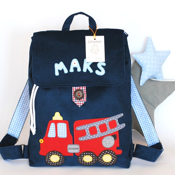 Sac à dos pour un garçon avec un camion de pompiers, cadeau personnalisé, sac à dos pour la maternelle, pompiers, sac à dos avec un camion de pompiers pour un tout-petit