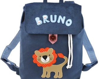 Blauer personalisierter Rucksack mit Löwe für Baby, Geschenk für Vorschulkind