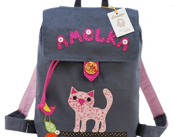 Gray, personalized backpack for a child with a cat, a backpack for a toddler girl, a gift for a girl, a bag with a cat for a child