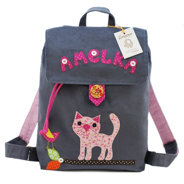 Gray, personalized backpack for a child with a cat, a backpack for a toddler girl, a gift for a girl, a bag with a cat for a child