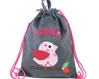 Kindergarten Bag for a little girl, shoe bag, personalized bag for kindergarten, a gift for a girl, bag with a bird app