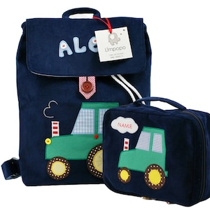 Ensemble : sac à dos avec un tracteur pour un tout-petit et boîte à lunch / trousse de maquillage - layette maternelle personnalisée, cadeau avec le nom de l'enfant