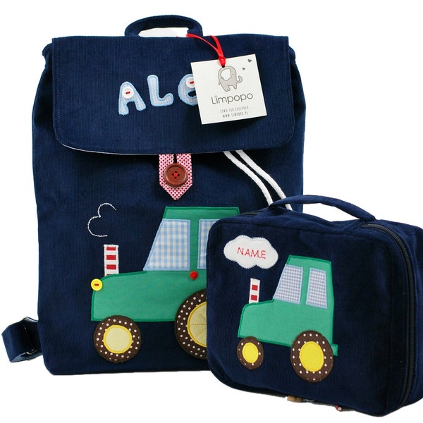 Ensemble : sac à dos avec un tracteur pour enfant et boîte à lunch/trousse à maquillage - layette maternelle personnalisée, cadeau avec le prénom de l'enfant
