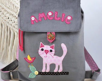 Gray, personalized backpack for a child with a cat, a backpack for a toddler girl, a gift for a girl, a bag with a cat for a child