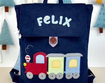 Personalised backpack with a train for a toddler, a bag with a train for a preschooler, a backpack with a train and with the name of a child