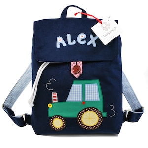 Sac à dos bleu marine avec tracteur pour tout-petit, sac à dos pour garçon, layette pour jardin d’enfants, sac à dos avec tracteur et nom de bébé