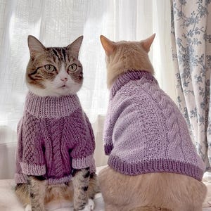 May include: Two cats wearing matching lavender cable-knit sweaters. One cat is facing the camera with tabby markings, while the other is a light orange color and facing away. The sweaters have a ribbed collar and cuffs.