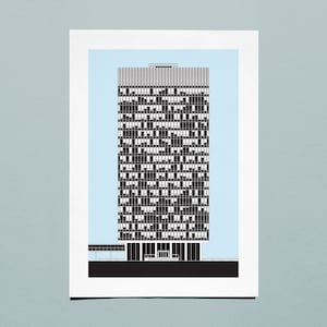 May include: A black and white illustration of a tall, modern building with a flat roof. The building has many windows and a simple design.
