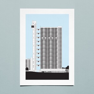 May include: A black and white illustration of a tall, modern apartment building with a unique design. The building has a series of balconies and a rooftop structure.