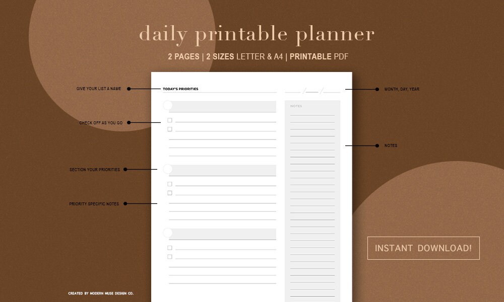 Daily Printable Checklist Printable Planner Template 2 PAGES Modern ...
