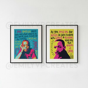 May include: Two framed art prints featuring portraits and quotes. The left print has a blue background with a portrait of James Baldwin and text. The right print has a yellow background with a portrait of Martin Luther King Jr. and text.