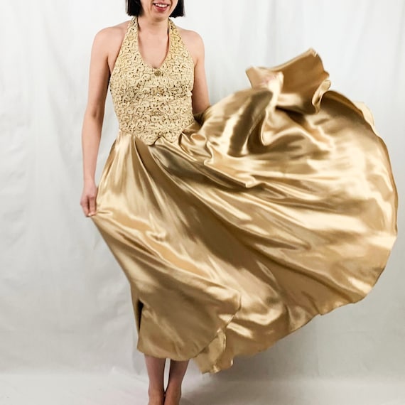 Long Gold Gown Halter Top | Vintage 70s