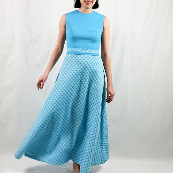 Blue and White 60s Maxi Dress with Polka Dots