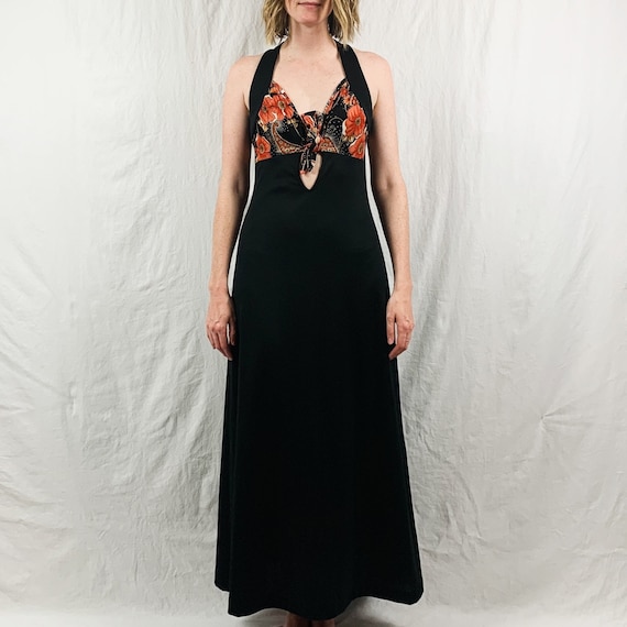 Black 70s Maxi Dress with Orange Floral Halter Top
