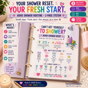 Könnte beinhalten: Ein zweiseitiges ADHS-Duschroutinen-System in einem hellvioletten Ordner. Die Seiten enthalten farbigen Text, Symbole und motivierende Hinweise wie 'Can't get yourself to shower?', die den Duschvorgang vereinfachen sollen.