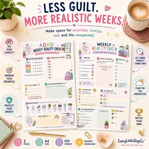May include: Two A4-sized ADHD weekly reality check planner pages featuring colorful illustrations, checklists, and prompts for energy tracking, priorities, and reflections. The text includes 'LESS GUILT. MORE REALISTIC WEEKS' and 'Make space for priorities, energy, rest and the unexpected.'