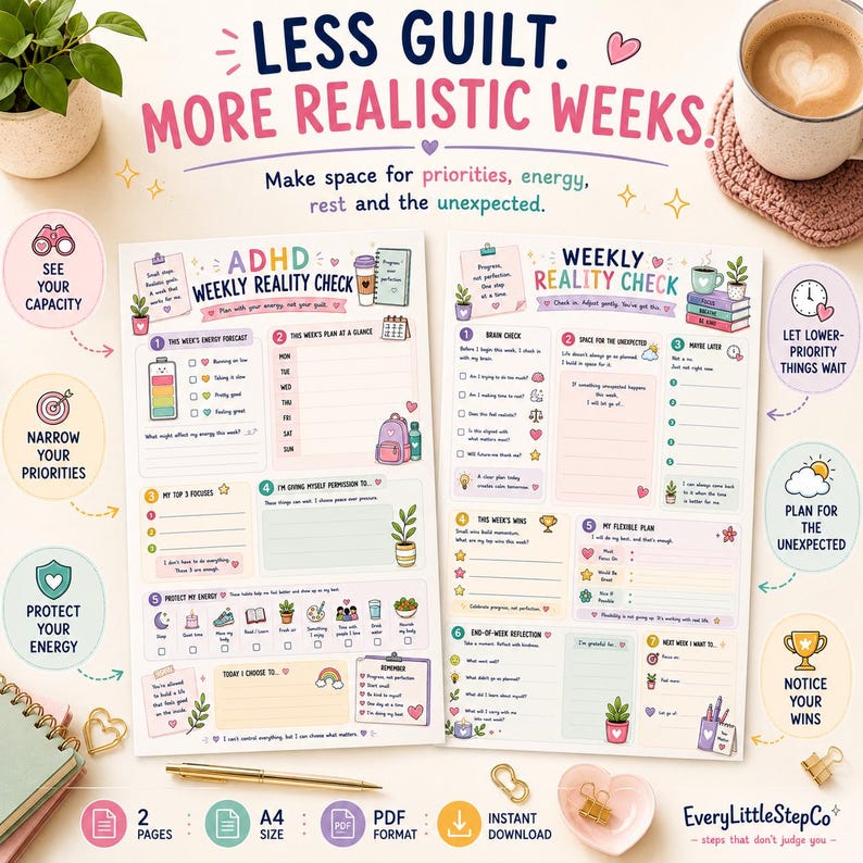 May include: Two A4-sized ADHD weekly reality check planner pages featuring colorful illustrations, checklists, and prompts for energy tracking, priorities, and reflections. The text includes 'LESS GUILT. MORE REALISTIC WEEKS' and 'Make space for priorities, energy, rest and the unexpected.'