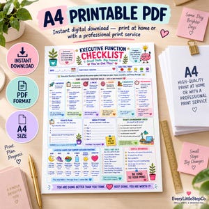 K&ouml;nnte beinhalten: Eine A4-PDF-Checkliste f&uuml;r exekutive Funktionen mit farbigen Abschnitten zur Tagesplanung, Gewohnheitsverfolgung und Kompetenzentwicklung. Das Dokument enth&auml;lt Textaufforderungen, Symbole und motivierende S&auml;tze wie You Got This und Be Kind To Your Mind.