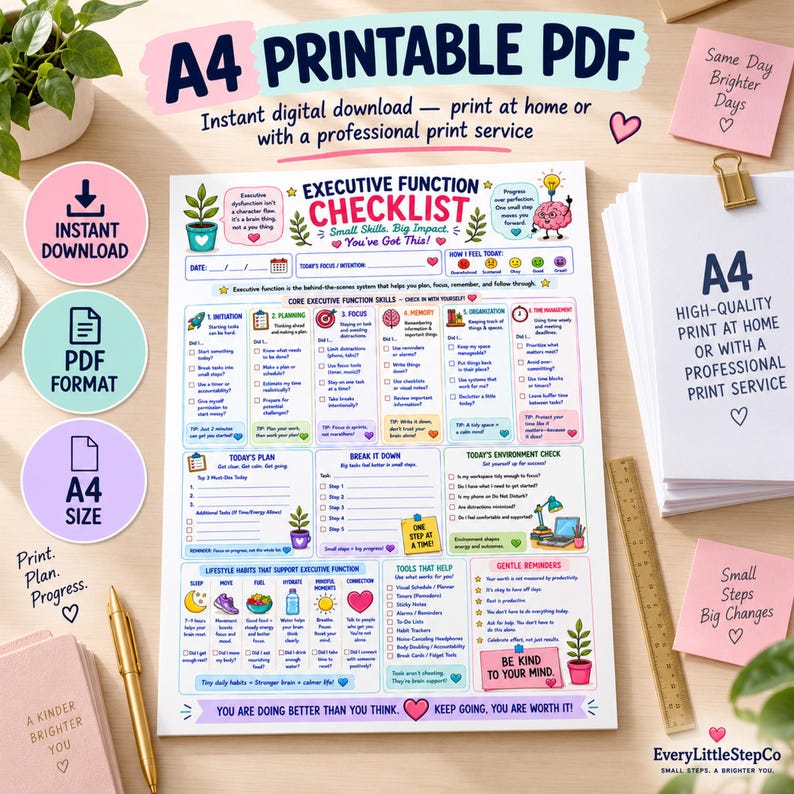 K&ouml;nnte beinhalten: Eine A4-PDF-Checkliste f&uuml;r exekutive Funktionen mit farbigen Abschnitten zur Tagesplanung, Gewohnheitsverfolgung und Kompetenzentwicklung. Das Dokument enth&auml;lt Textaufforderungen, Symbole und motivierende S&auml;tze wie You Got This und Be Kind To Your Mind.