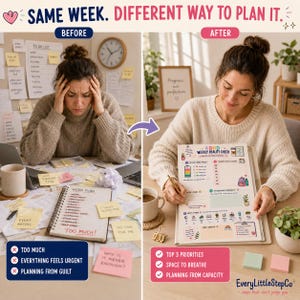 May include: A split-screen comparison showing a stressed person with a cluttered desk labeled BEFORE and a calm person using an ADHD Weekly Reality Check planner labeled AFTER. The planner features colorful icons, sections for priorities, and daily tasks.