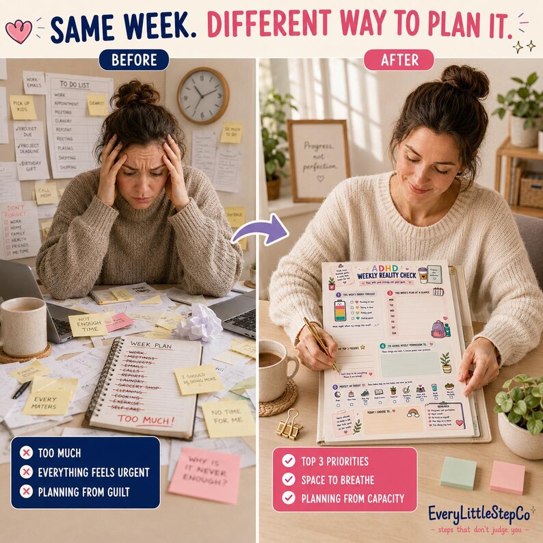 May include: A split-screen comparison showing a stressed person with a cluttered desk labeled BEFORE and a calm person using an ADHD Weekly Reality Check planner labeled AFTER. The planner features colorful icons, sections for priorities, and daily tasks.