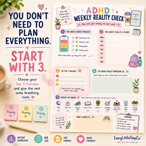 May include: A printable ADHD weekly planner sheet featuring sections for energy tracking, a weekly schedule, top three focuses, and self-care habits. The design includes pastel colors, illustrations of plants, a backpack, and motivational text.