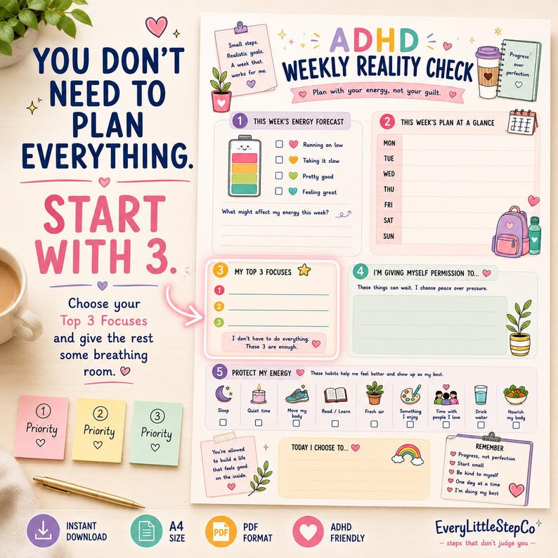 May include: A printable ADHD weekly planner sheet featuring sections for energy tracking, a weekly schedule, top three focuses, and self-care habits. The design includes pastel colors, illustrations of plants, a backpack, and motivational text.