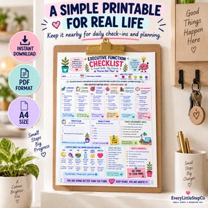 K&ouml;nnte beinhalten: Eine druckbare Checkliste f&uuml;r exekutive Funktionen auf einem Holz-Klemmbrett. Das Dokument enth&auml;lt Abschnitte f&uuml;r die Tagesplanung, Kernkompetenzen, Umgebungs-Checks und Lebensgewohnheiten mit farbigen Symbolen, Text und Kontrollk&auml;stchen.