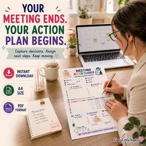 May include: A printed meeting action planner sheet with sections for meeting title, date, attendees, key takeaways, and action items. The document features colorful headers and icons. A gold pen rests on the paper, which is placed on a wooden desk.