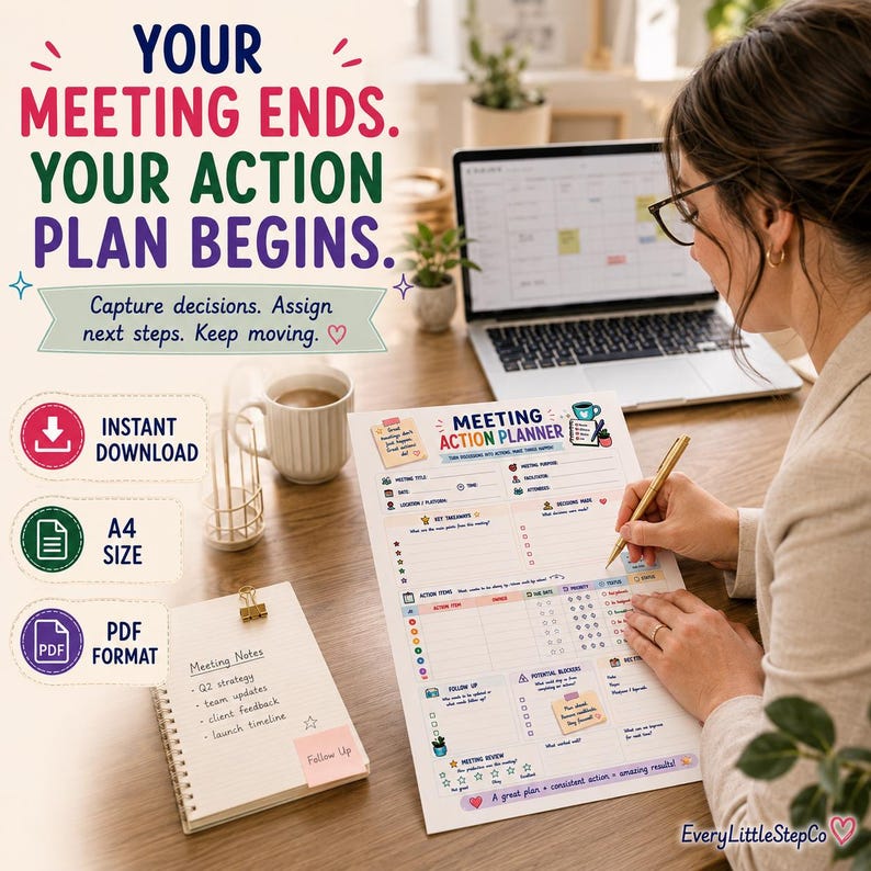 May include: A printed meeting action planner sheet with sections for meeting title, date, attendees, key takeaways, and action items. The document features colorful headers and icons. A gold pen rests on the paper, which is placed on a wooden desk.