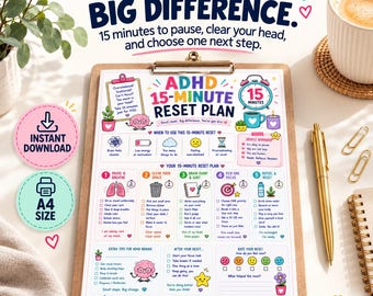 ADHD 15-Minute Reset Plan Printable, Overwhelm Reset Worksheet, ADHD Productivity Planner, Self Care Reset, A4 Printable