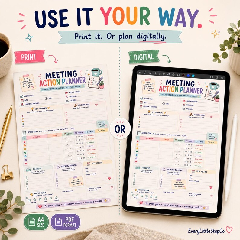 May include: A Meeting Action Planner template shown in both printed paper and digital tablet formats. The planner features sections for meeting details, key takeaways, decisions, action items, follow-up, blockers, and next meeting notes with colorful icons.